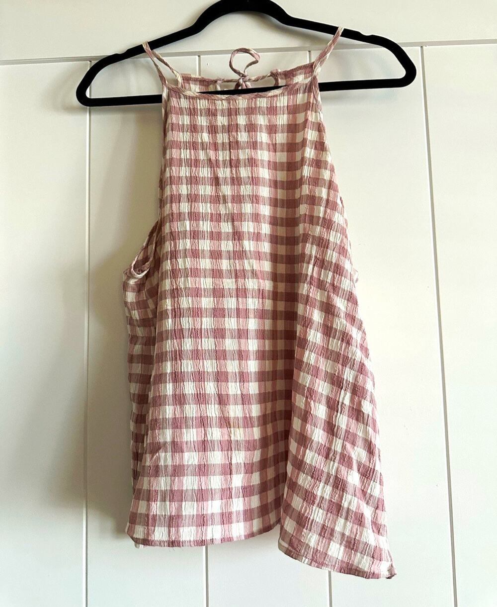 Pink Rose Pink/White Gingham Rayon Woven Halter Tie-Neck Sleeveless Blouse M